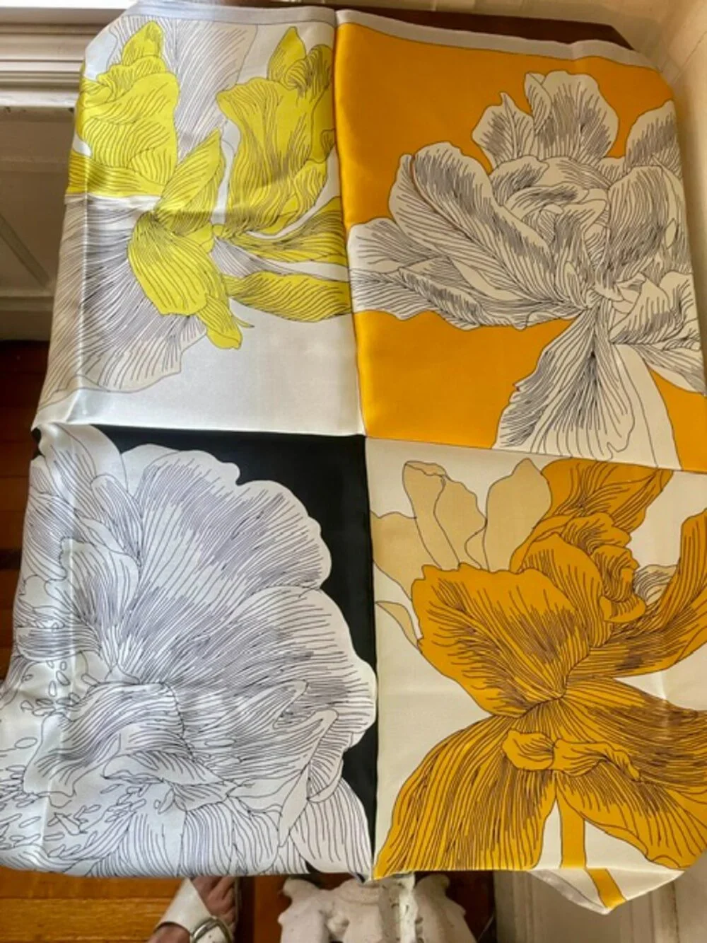 Silk Scarf with 4 Flowers Yellow Orange Gold White & Black NWT